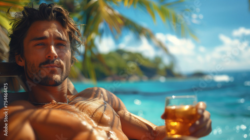 Sexy young brunette man with bare torso holds a drink in his hand and lies against the background of a tropical shore with palm trees on a sunny summer day