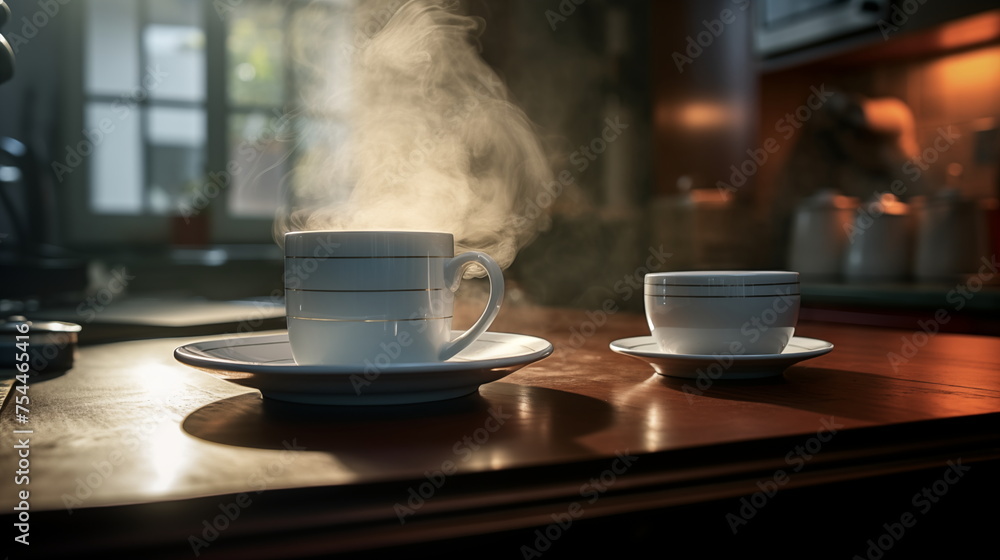 A cup of coffee on the table in the kitchen. Morning coffee. Morning coffee concept - obrazy, fototapety, plakaty 