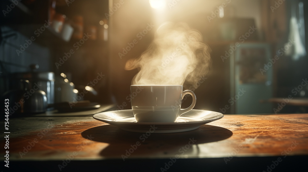A cup of coffee on the table in the kitchen. Morning coffee. Morning coffee concept A cup of coffee on the table in the kitchen. Morning coffee. Morning coffee concept