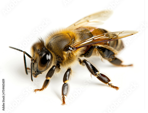 Macro close-up shot of a bee on white background