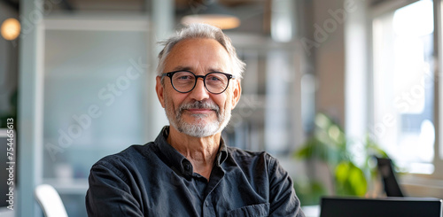 Executive team coaching, coach is a 60 year old man with graying hair and glasses sitting in a modern office. positive thinking, supportive environment