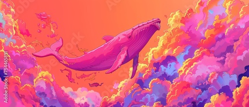  a painting of a pink and purple whale floating in a pink and orange sky with clouds in the foreground.