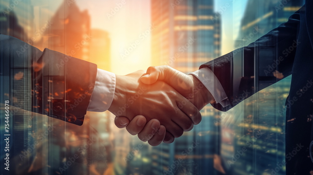 Close up of handshake on abstract city background.Teamwork concept. Double exposure. Filtered image. Business handshake Close up of handshake on abstract city background.Teamwork concept. Double exposure. Filtered image. Business handshake