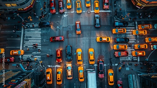 Overhead shot of vehicles crisscrossing at a busy intersectio   taxis and cars mingle