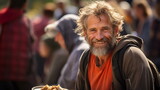 Homeless bearded man getting food. Poor and homeless individuals of all races are fed by the non-profit organization at a food drive.