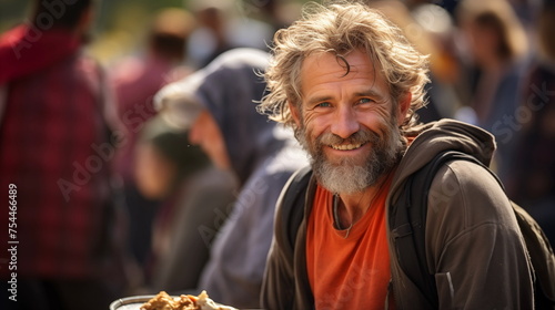 Homeless bearded man getting food. Poor and homeless individuals of all races are fed by the non-profit organization at a food drive.