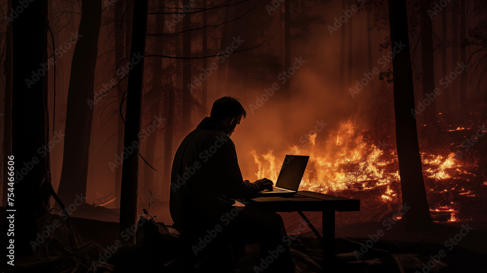 
A Fireman, illuminated by the eerie glow of flames, his silhouette outlined against the night sky, typing frantically on a laptop amidst the dense foliage of a forest consumed by fire.