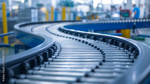 Focused view on a curved conveyor belt system within an industrial production facility  highlighting modern automation
