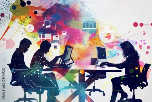 Creative team working with colorful data overlays - Silhouettes of a working team are overlayed with vivid, blended elements of creativity and data interpretation in an office setting