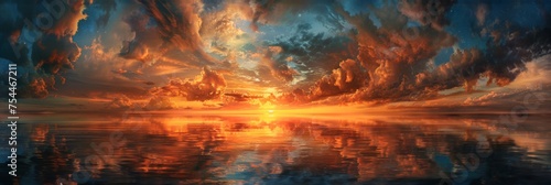 Dramatic cloudscape over a reflective water body - Majestic sunrise with dramatic cloud formations and vibrant colors mirrored in the vast body of water