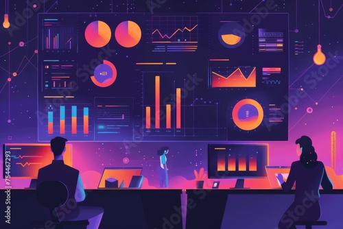 Futuristic data analysis office setting - A digital illustration showcasing a futuristic office space where individuals analyze complex data sets