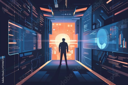 Futuristic doorway with a lone figure - A digital art piece with a lone figure standing before a futuristic glowing door, surrounded by high-tech panels © Mickey