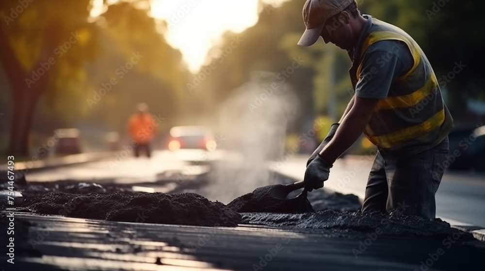 Worker are laying new asphalt road pavement in city. Road construction works with steamroller machine and asphalt finisher Worker are laying new asphalt road pavement in city. Road construction works with steamroller machine and asphalt finisher