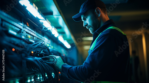 Surrounded by the constant hum of machinery in a server room, a young technician in protective attire stands with steely determination, his commitment evident.