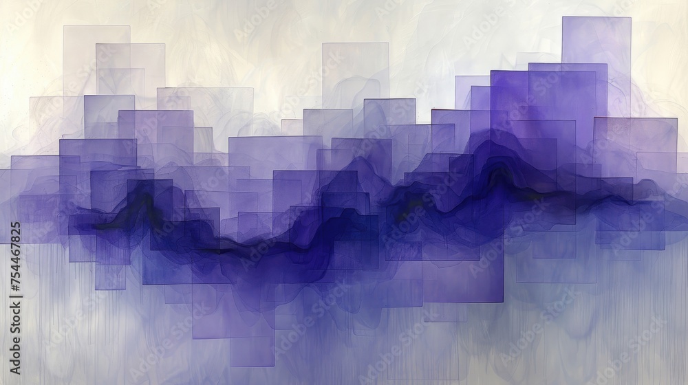 Abstract artwork with geometric blocks and fluid lines in various shades of blue.