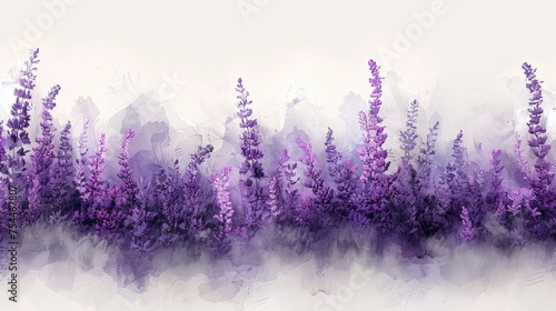 Digital artwork of vibrant purple wildflowers against an ethereal misty background. © banthita166