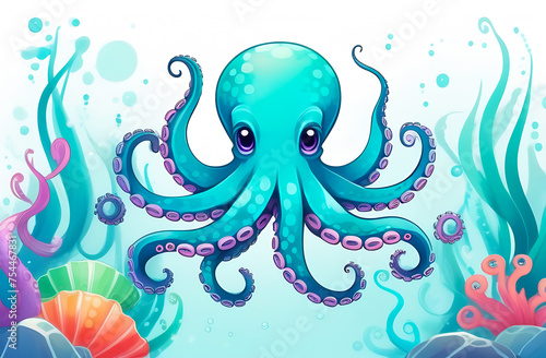 cute cartoon octopus  with turquoise tentacles  on the ocean floor  floating  childish  bright face illustration