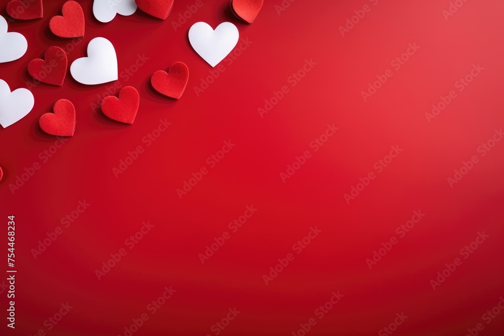 A collection of white and red hearts of various sizes scattered on a vivid red background, evoking love and celebration. Assorted Red and White Hearts on Red Background A collection of white and red hearts of various sizes scattered on a vivid red background, evoking love and celebration. Assorted Red and White Hearts on Red Background