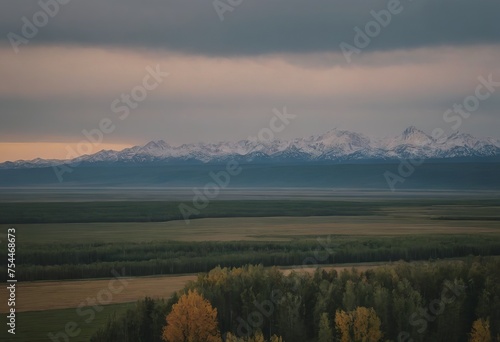 landscape with mountains, forest and a river in front. beautiful scenery © Алексей Ковалев