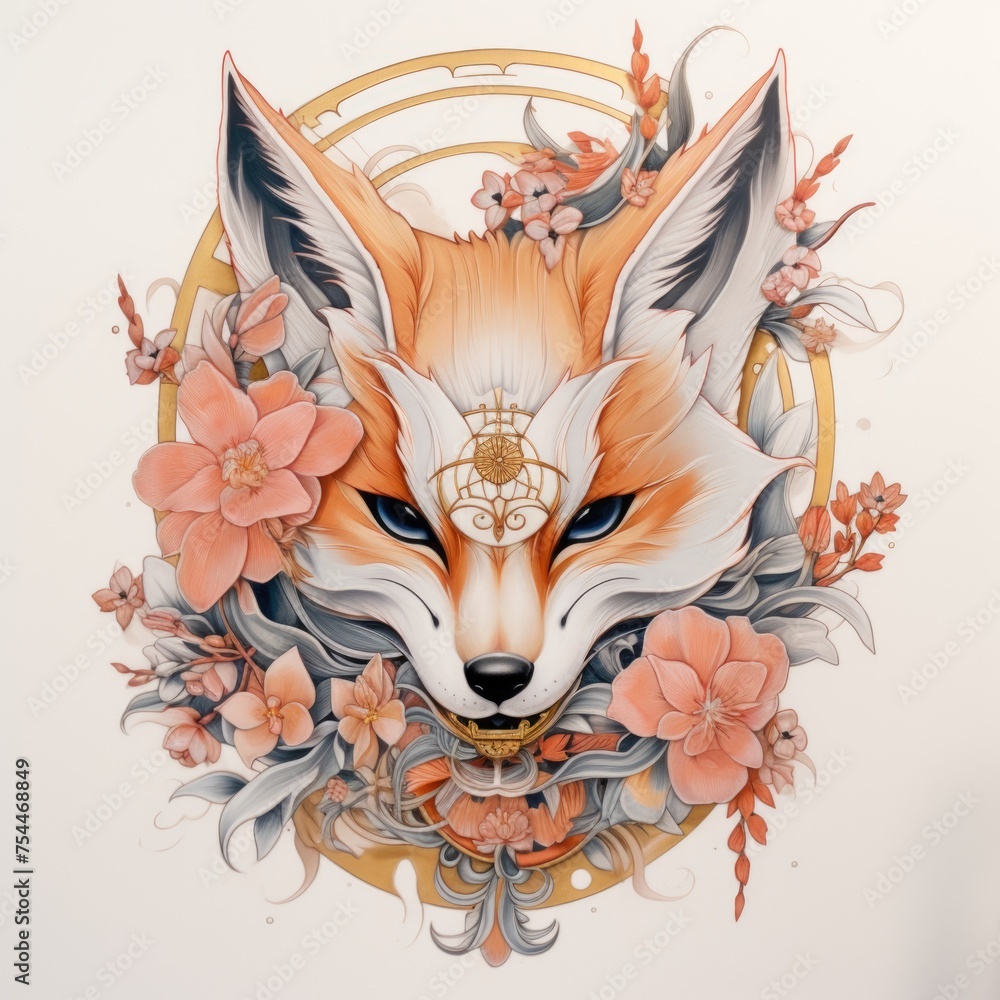 Fototapeta premium Drawing of a fox surrounded by colorful flowers. Suitable for nature and wildlife themes