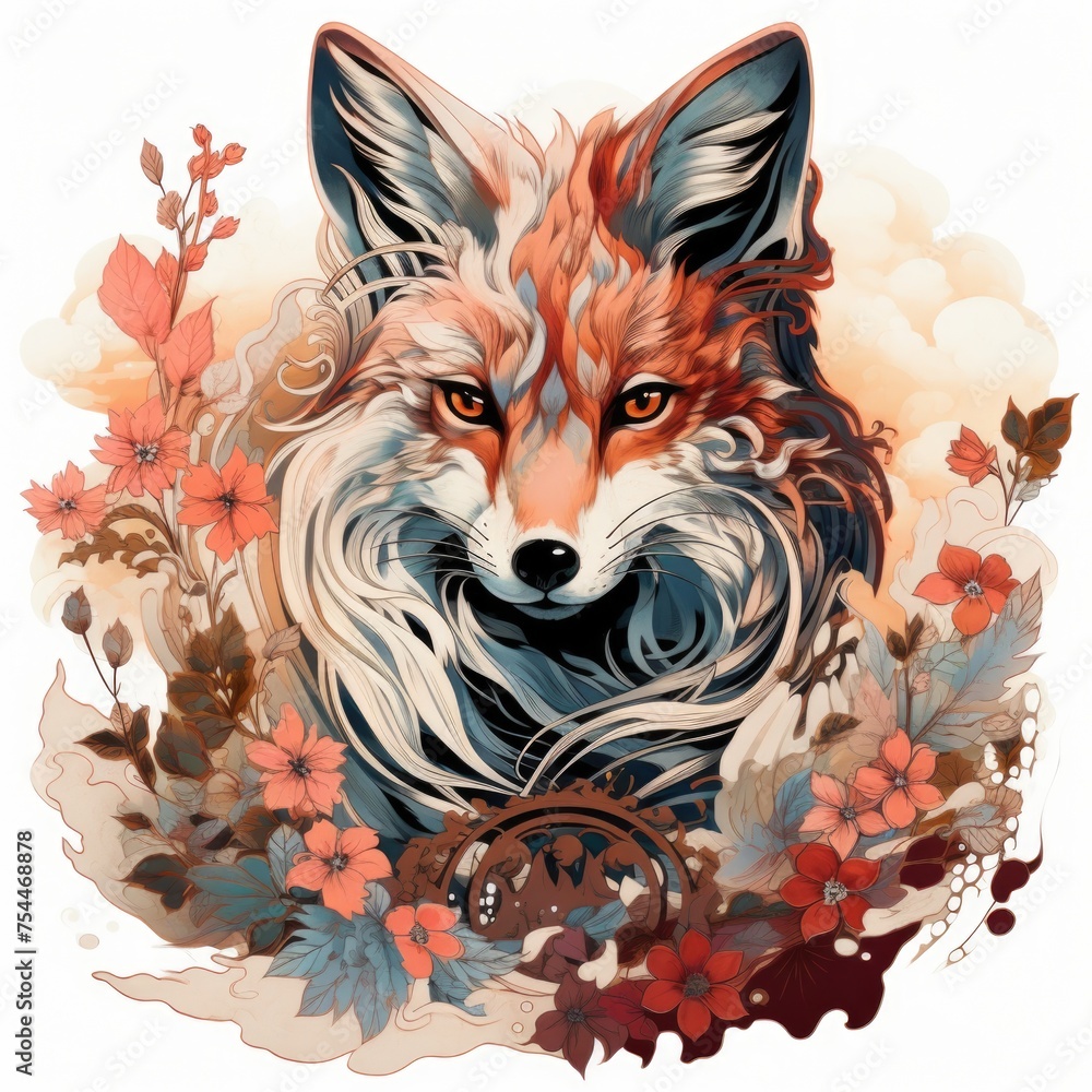 Fototapeta premium A painting of a fox surrounded by colorful flowers. Ideal for nature or wildlife-themed designs