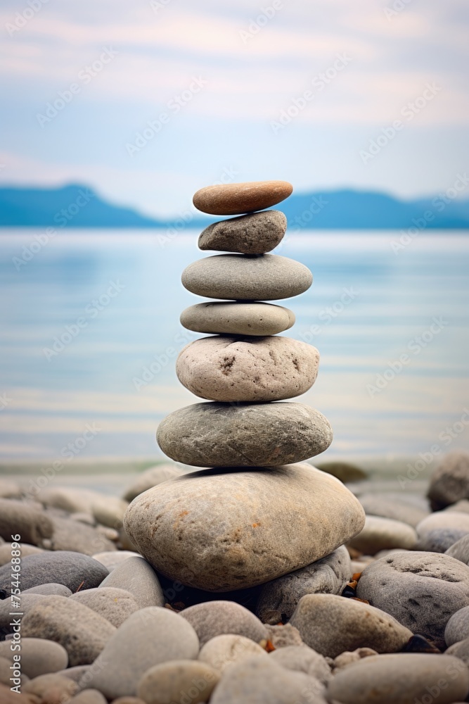 Fototapeta premium A stack of rocks sitting on top of a beach. Suitable for travel and nature concepts