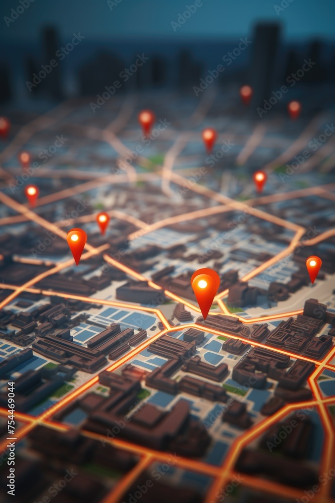 Detailed city map with illuminated red lights, suitable for urban navigation purposes Detailed city map with illuminated red lights, suitable for urban navigation purposes