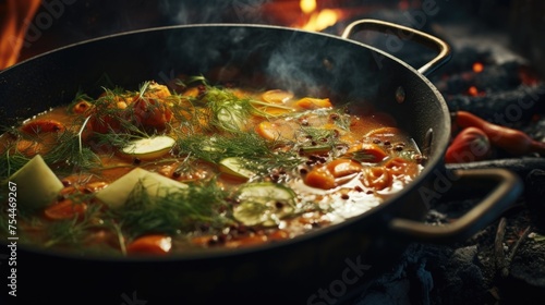 A pot of stew with vegetables cooking over a fire. Suitable for food and cooking concepts