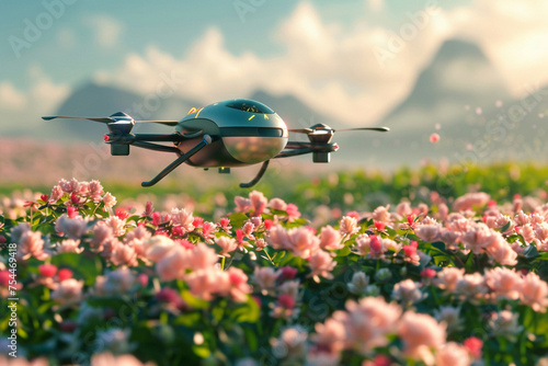 Futuristic drone navigating over a field of blooming plants dispersing eco-friendly fertilizer