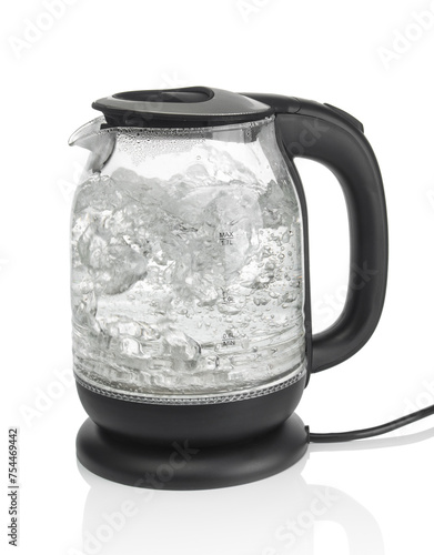 Modern electric kettle with boiling water  isolated on a white background