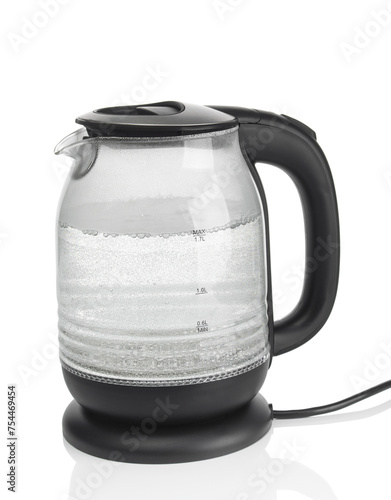 Modern electric kettle with boiling water  isolated on a white background