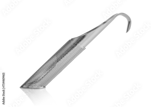 Stainless tea strainer close up on a white background