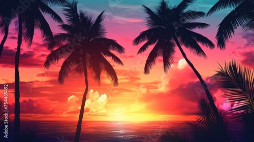 Beautiful sunset with palm trees  perfect for tropical vacation concept