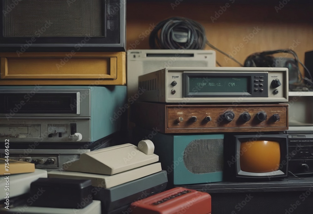 Fototapeta premium pile of old unused computers and vintage CRT monitors