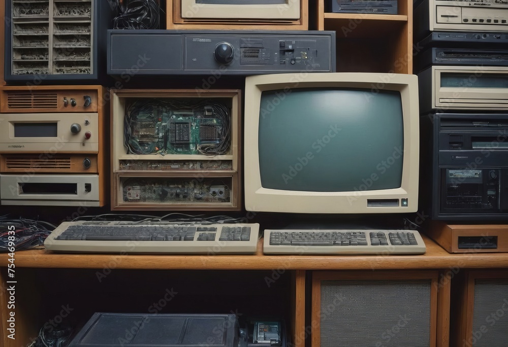 Fototapeta premium pile of old unused computers and vintage CRT monitors