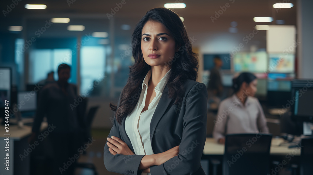 Surrounded by the relentless energy of a corporate office in full swing, a successful businesswoman stands with her arms crossed. Surrounded by the relentless energy of a corporate office in full swing, a successful businesswoman stands with her arms crossed.