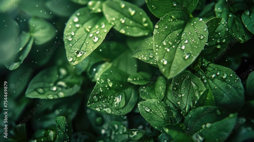 Fresh green leaves with water droplets, perfect for nature concepts Fresh green leaves with water droplets, perfect for nature concepts