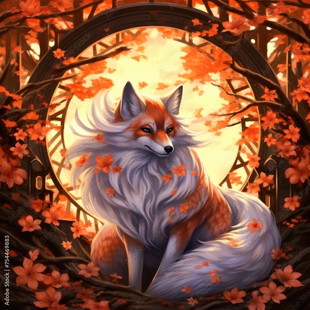 Fototapeta premium A painting of a fox sitting in a forest. Suitable for nature themes