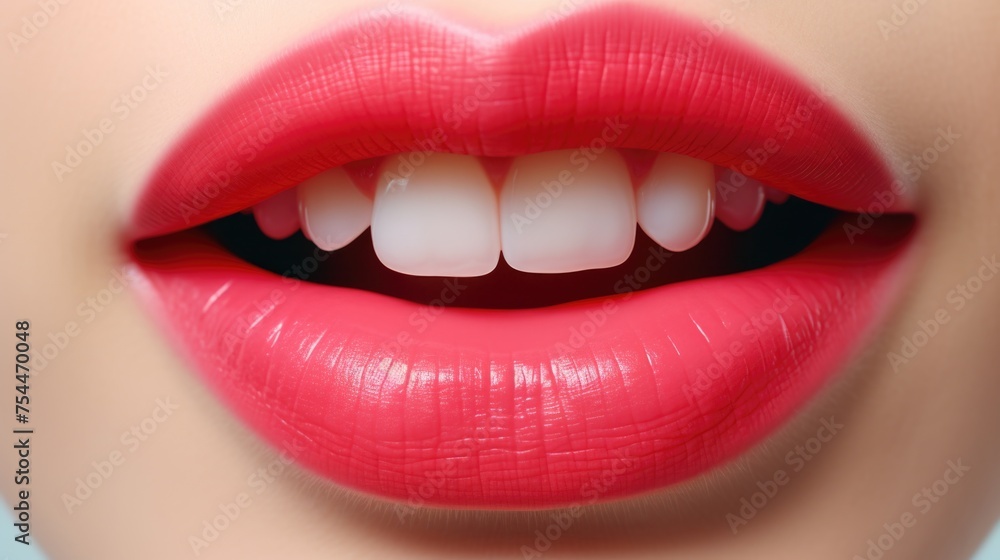 Fototapeta premium Close up of a woman's mouth with bright red lipstick. Perfect for beauty and makeup concepts