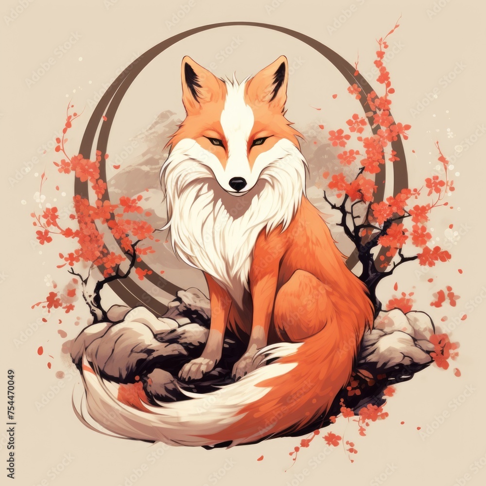 Fototapeta premium A fox sitting in front of a circle made of flowers. Suitable for nature and wildlife themes