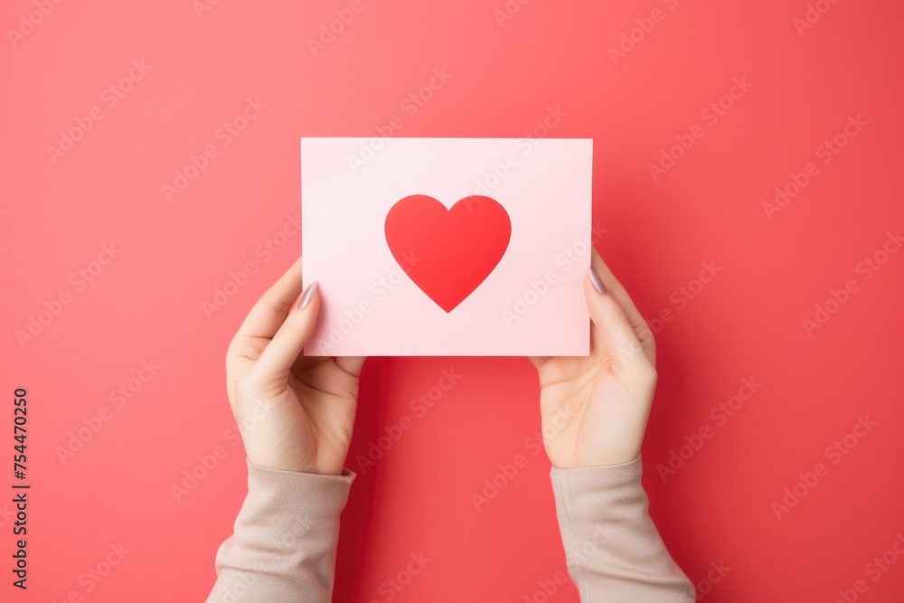 Two hands presenting a Valentine's Day card with a heart symbol on a pink background. Two hands presenting a Valentine's Day card with a heart symbol on a pink background.