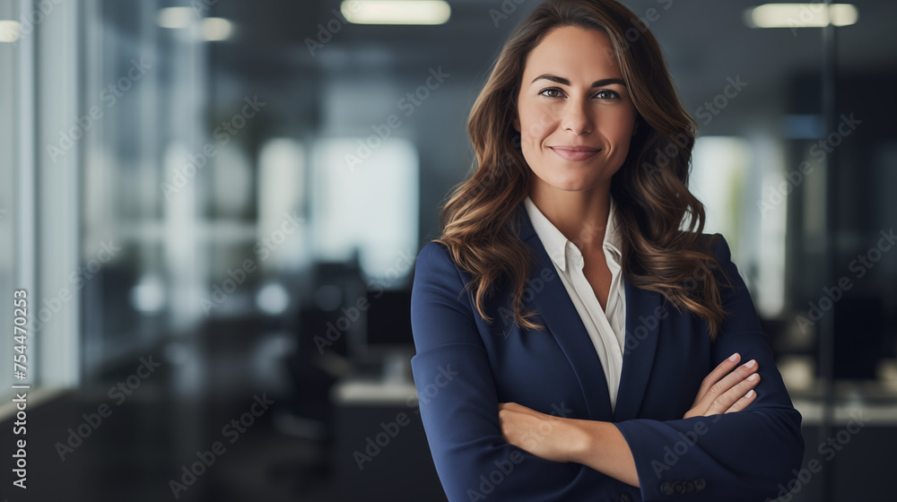Obraz premium Modern office space, a successful businesswoman stands confidently, her arms crossed in front of her, exuding determination and authority.
