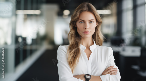 Pace of a corporate office in motion, a successful businesswoman stands with her arms crossed, her expression calm and collected amidst the chaos.