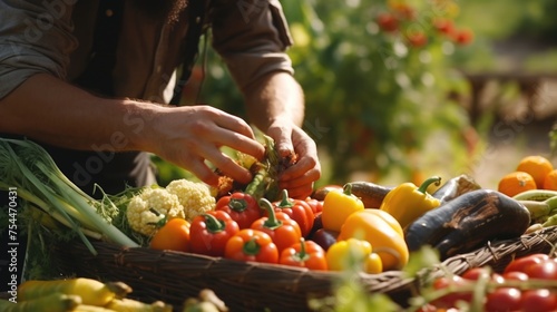 A person picking fresh vegetables in a garden. Suitable for gardening or healthy eating concepts