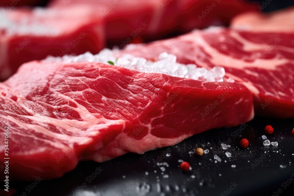 Fresh raw steaks displayed on a table, perfect for food and cooking concepts Fresh raw steaks displayed on a table, perfect for food and cooking concepts