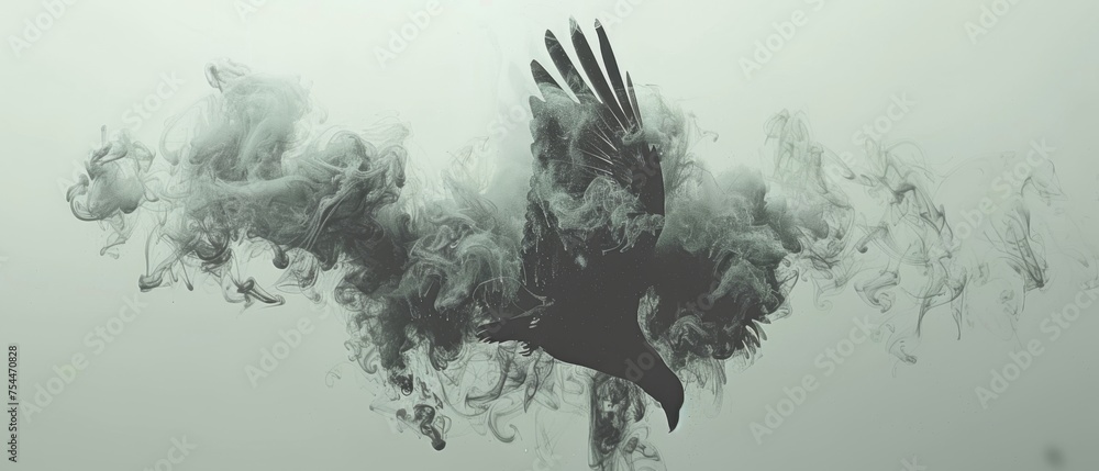 Obraz premium a black and white photo of a bird in the air with smoke coming out of the back of it's wings.