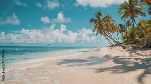 Beautiful sandy beach with palm trees, perfect for travel brochures