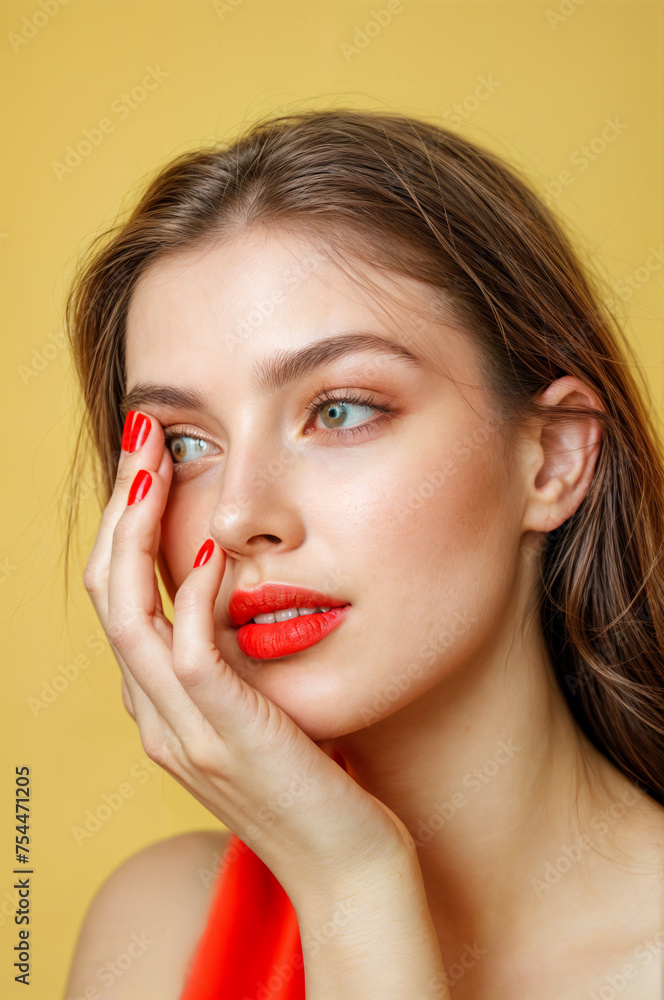 A close-up of a woman with long hair and red orange lipstick, hands, isolated, makeup and manicure, showing her elegant manicure, isolated background A close-up of a woman with long hair and red orange lipstick, hands, isolated, makeup and manicure, showing her elegant manicure, isolated background