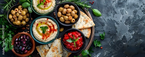 Colorful Mediterranean Platter with Pita Bread, Hummus, and Olives. Concept Food Photography, Mediterranean Cuisine, Appetizer Platter, Vegan Snacks, Healthy Eating