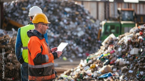 Waste management worker with tablet at a recycling plant.